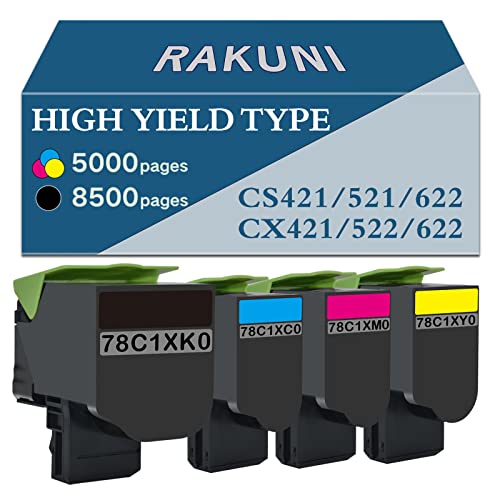 RAKUNI Compatible Toner Cartridge Replacement for Lexmark CS421 CS521 CX421 CX522 CX622 CX625 CS421dn CS521dn CX421adn CX522ade CX622ade CX625ade 78C1XK0 78C1XC0 78C1XM0 78C1XY0 (High Yeild, 4-Pack)