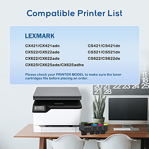 RAKUNI Compatible Toner Cartridge Replacement for Lexmark CS421 CS521 CX421 CX522 CX622 CX625 CS421dn CS521dn CX421adn CX522ade CX622ade CX625ade 78C1XK0 78C1XC0 78C1XM0 78C1XY0 (High Yeild, 4-Pack)