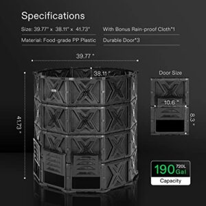 VIVOSUN Compost Bin 720L (190 Gallon), Outdoor Composter with Rainproof Cloth & X-Shaped Construction; Compost Barrel for Fast Creation of Fertile Soil