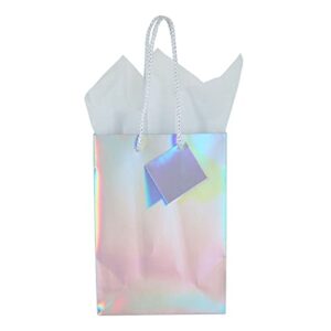 20 Pack Holographic Small Silver Gift Bags with Handles, White Tissue Paper and Tags, Iridescent (8 x 5.5 x 2.5 In)