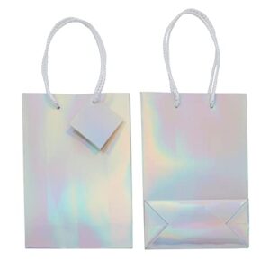 20 Pack Holographic Small Silver Gift Bags with Handles, White Tissue Paper and Tags, Iridescent (8 x 5.5 x 2.5 In)