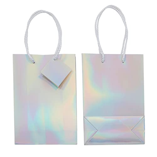 20 Pack Holographic Small Silver Gift Bags with Handles, White Tissue Paper and Tags, Iridescent (8 x 5.5 x 2.5 In)