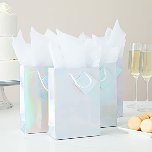 20 Pack Holographic Small Silver Gift Bags with Handles, White Tissue Paper and Tags, Iridescent (8 x 5.5 x 2.5 In)