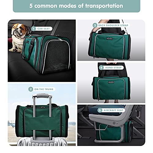 AutumnStory Cat Carrier, Pet Carrier Airline Approved, 2 Sides Expandable Dog Carrier, Soft-Sided Collapsible Dog Travel Bag with Removable Fleece Pad for Cats, Puppy and Small Animals (Green)