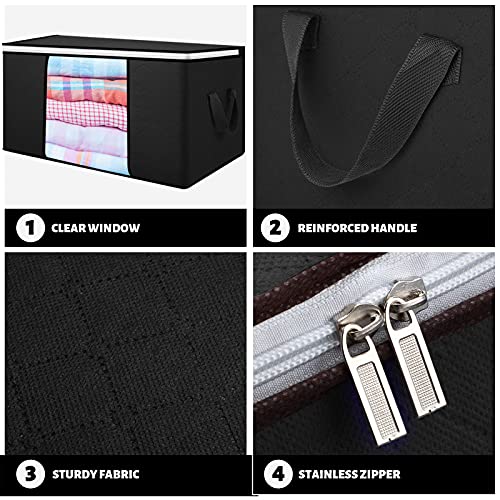 6 Pieces Large Clothes Storage Bag Organizer Foldable Clothes Storage Containers with Clear Window Sturdy Zipper Reinforced Handle Thick Fabric for Pillows Blankets Bedding Supplies, 2 Sizes (Black)