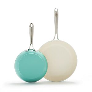 greenlife artisan healthy ceramic nonstick, 8" and 10" frying pan skillet set, stainless steel handle, pfas-free, dishwasher safe, oven safe, turquoise