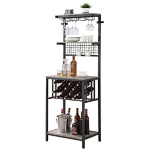 O&K FURNITURE Freestanding Wine Bar Cabinet with Glass Holder, Wine Rack Free Standing Floor, Multifunctinal Wine Cabinet Bar Furniture for Kitchen Dining Room (Gray Finsih)