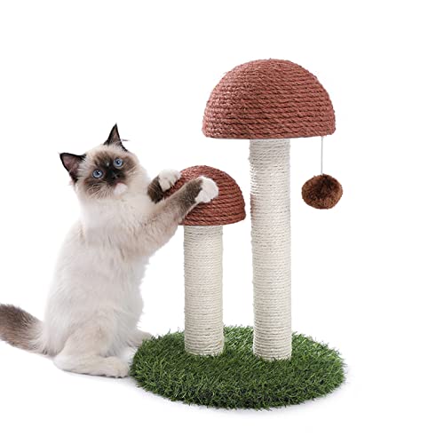 PETEPELA Cat Scratching Post, Mushroom Tall Cat Scratcher Featuring with Natural Sisal Scratching Poles and Interactive Toy Ball for Kittens and Small Cats (Brown)