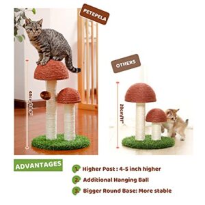 PETEPELA Cat Scratching Post, Mushroom Tall Cat Scratcher Featuring with Natural Sisal Scratching Poles and Interactive Toy Ball for Kittens and Small Cats (Brown)