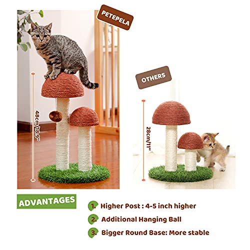 PETEPELA Cat Scratching Post, Mushroom Tall Cat Scratcher Featuring with Natural Sisal Scratching Poles and Interactive Toy Ball for Kittens and Small Cats (Brown)