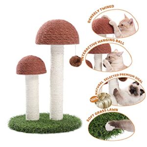 PETEPELA Cat Scratching Post, Mushroom Tall Cat Scratcher Featuring with Natural Sisal Scratching Poles and Interactive Toy Ball for Kittens and Small Cats (Brown)