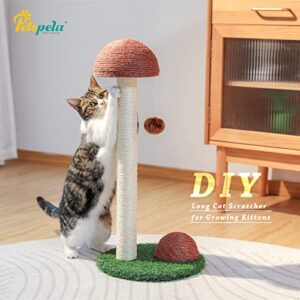 PETEPELA Cat Scratching Post, Mushroom Tall Cat Scratcher Featuring with Natural Sisal Scratching Poles and Interactive Toy Ball for Kittens and Small Cats (Brown)