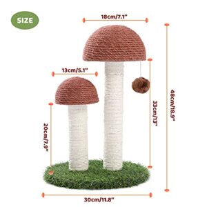 PETEPELA Cat Scratching Post, Mushroom Tall Cat Scratcher Featuring with Natural Sisal Scratching Poles and Interactive Toy Ball for Kittens and Small Cats (Brown)