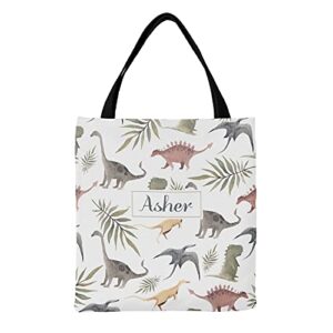 yeshop cheerful dinosaur personalized canvas tote bags, reusable bags for shopping,travel,school handbag gift,14.17inch x 14.57inch