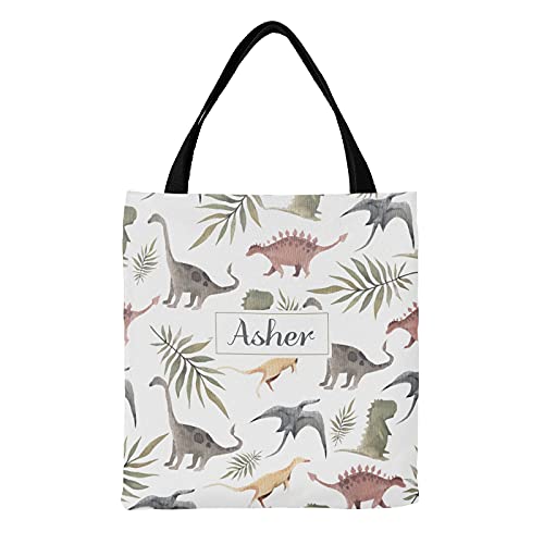 Yeshop Cheerful Dinosaur Personalized Canvas Tote Bags, Reusable Bags for Shopping,Travel,School Handbag Gift,14.17inch x 14.57inch