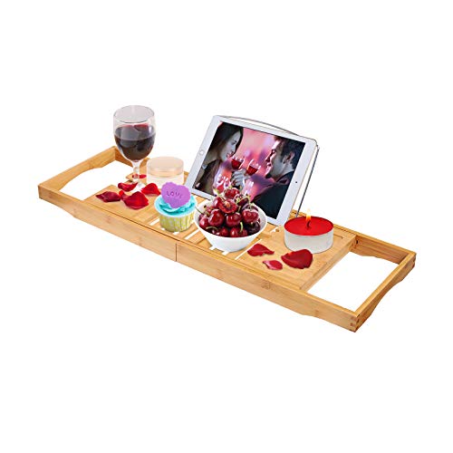 SANPON Bamboo Bathtub Tray Expandable Bath Tray for Tub with Book Stand Bathtub Caddy Tray with Wine Holder Bath Table 27.5" to 41" Long Original Color