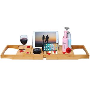 SANPON Bamboo Bathtub Tray Expandable Bath Tray for Tub with Book Stand Bathtub Caddy Tray with Wine Holder Bath Table 27.5" to 41" Long Original Color