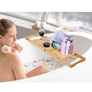 SANPON Bamboo Bathtub Tray Expandable Bath Tray for Tub with Book Stand Bathtub Caddy Tray with Wine Holder Bath Table 27.5" to 41" Long Original Color