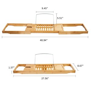 SANPON Bamboo Bathtub Tray Expandable Bath Tray for Tub with Book Stand Bathtub Caddy Tray with Wine Holder Bath Table 27.5" to 41" Long Original Color