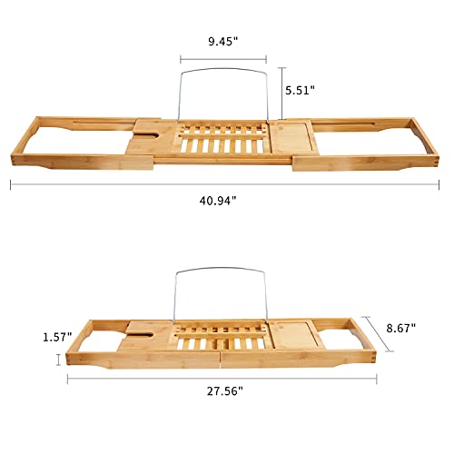 SANPON Bamboo Bathtub Tray Expandable Bath Tray for Tub with Book Stand Bathtub Caddy Tray with Wine Holder Bath Table 27.5" to 41" Long Original Color