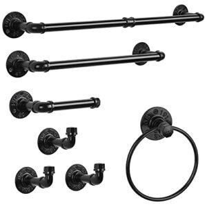 bathroom hardware fixture set industrial towel bar sets with paper towel rack wall mount hand towel holder roll ring toilet paper holder and pipe robe towel holder hanger for farmhouse home, 7 pieces