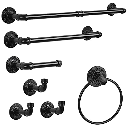 Bathroom Hardware Fixture Set Industrial Towel Bar Sets with Paper Towel Rack Wall Mount Hand Towel Holder Roll Ring Toilet Paper Holder and Pipe Robe Towel Holder Hanger for Farmhouse Home, 7 Pieces