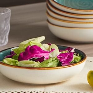 ONEMORE Porcelain Salad Pasta Bowls 30 Ounce, Set of 6 Ceramic Salad Dinner plates Bowls, Shallow & Wide Serving Bowls for Soup, Dessert, Pizza. Microwave & Dishwasher Safe Kitchen Dinnerware, Teal