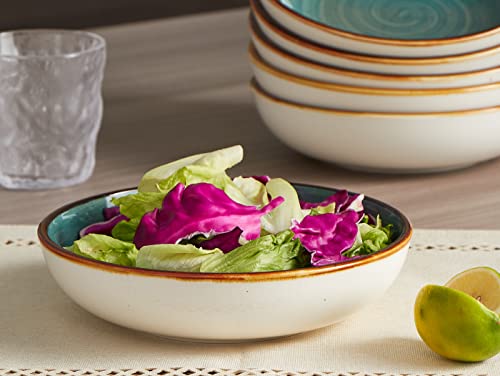 ONEMORE Porcelain Salad Pasta Bowls 30 Ounce, Set of 6 Ceramic Salad Dinner plates Bowls, Shallow & Wide Serving Bowls for Soup, Dessert, Pizza. Microwave & Dishwasher Safe Kitchen Dinnerware, Teal