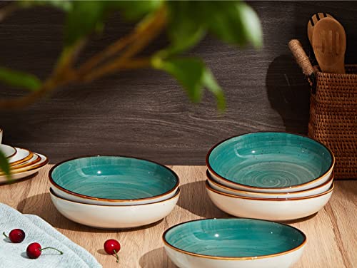 ONEMORE Porcelain Salad Pasta Bowls 30 Ounce, Set of 6 Ceramic Salad Dinner plates Bowls, Shallow & Wide Serving Bowls for Soup, Dessert, Pizza. Microwave & Dishwasher Safe Kitchen Dinnerware, Teal