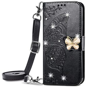 ysnzaq samsung galaxy a32 5g (not 4g) lanyard wallet case,3d butterfly embossed leather magnetic clasp phone case with card slots holder cover for samsung galaxy a32 5g hzdgs rhinestone black