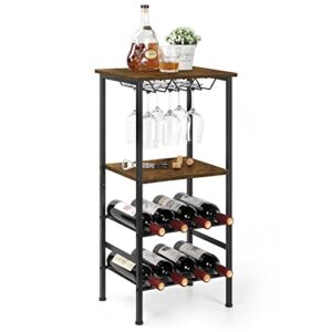 vrisa wine rack freestanding floor 8 bottles wine rack with 9 glass holder metal wine storage with wood table top for home kitchen dining room cellar rustic brown