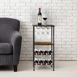 Vrisa Wine Rack Freestanding Floor 8 Bottles Wine Rack with 9 Glass Holder Metal Wine Storage with Wood Table Top for Home Kitchen Dining Room Cellar Rustic Brown