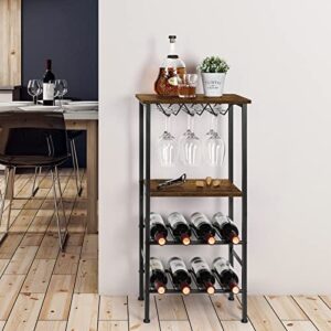 Vrisa Wine Rack Freestanding Floor 8 Bottles Wine Rack with 9 Glass Holder Metal Wine Storage with Wood Table Top for Home Kitchen Dining Room Cellar Rustic Brown