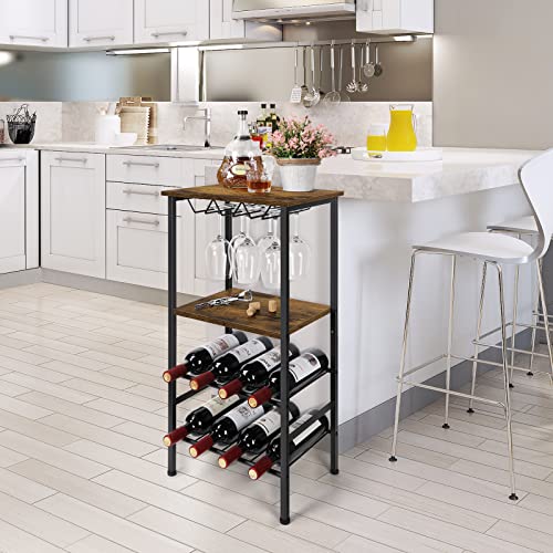 Vrisa Wine Rack Freestanding Floor 8 Bottles Wine Rack with 9 Glass Holder Metal Wine Storage with Wood Table Top for Home Kitchen Dining Room Cellar Rustic Brown