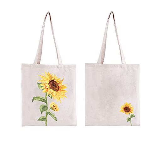 Kazova Boho Sunflower Cotton Canvas Bag Tote Bag Handbag Floral Shopping Bag Women Casual Shoulder Bags Watercolor Sunflower Reusable Grocery Bags Beach Lunch Travel Cotton Bag