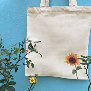 Kazova Boho Sunflower Cotton Canvas Bag Tote Bag Handbag Floral Shopping Bag Women Casual Shoulder Bags Watercolor Sunflower Reusable Grocery Bags Beach Lunch Travel Cotton Bag