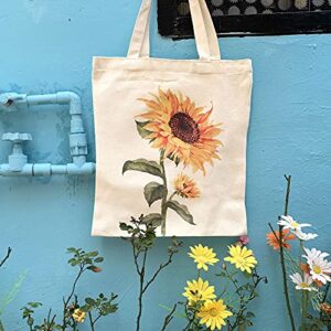 Kazova Boho Sunflower Cotton Canvas Bag Tote Bag Handbag Floral Shopping Bag Women Casual Shoulder Bags Watercolor Sunflower Reusable Grocery Bags Beach Lunch Travel Cotton Bag