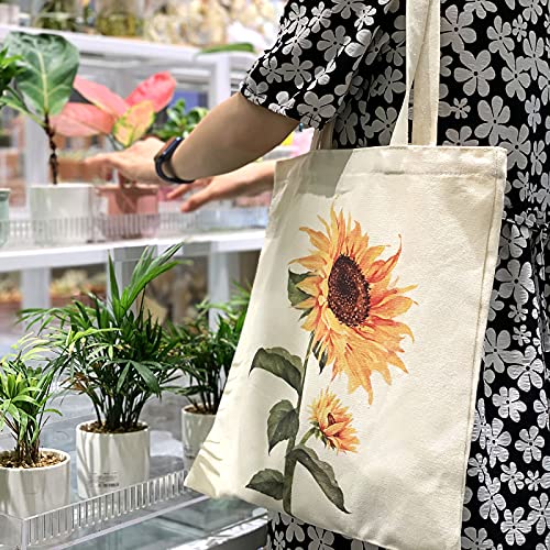 Kazova Boho Sunflower Cotton Canvas Bag Tote Bag Handbag Floral Shopping Bag Women Casual Shoulder Bags Watercolor Sunflower Reusable Grocery Bags Beach Lunch Travel Cotton Bag