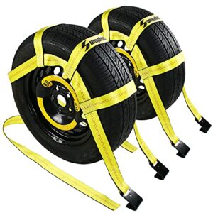 sumpluct tow dolly basket straps with flat hooks -2 pack,car wheel straps system tire net fits most 15"-19" tires wheels,10000 lbs break strength,yellow, with 1 carrying bag