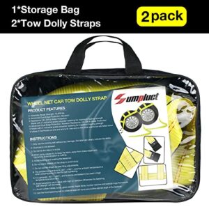 Sumpluct Tow Dolly Basket Straps with Flat Hooks -2 Pack,Car Wheel Straps System Tire Net Fits Most 15"-19" Tires Wheels,10000 lbs Break Strength,Yellow, with 1 Carrying Bag