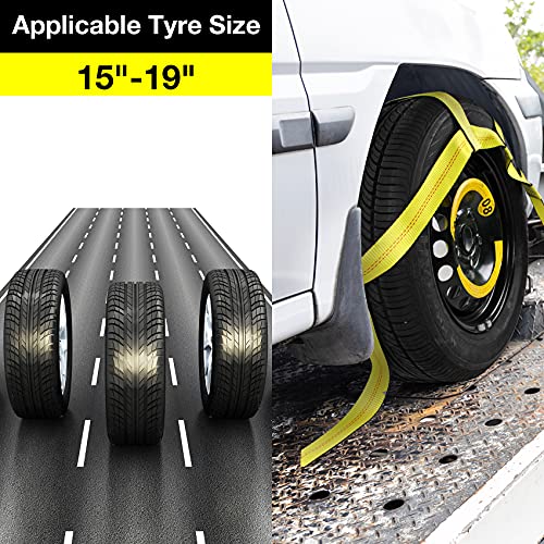 Sumpluct Tow Dolly Basket Straps with Flat Hooks -2 Pack,Car Wheel Straps System Tire Net Fits Most 15"-19" Tires Wheels,10000 lbs Break Strength,Yellow, with 1 Carrying Bag