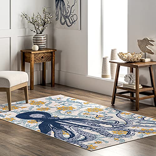 nuLOOM Patricia Machine Washable Octopus Area Rug, 4' x 6', Blue