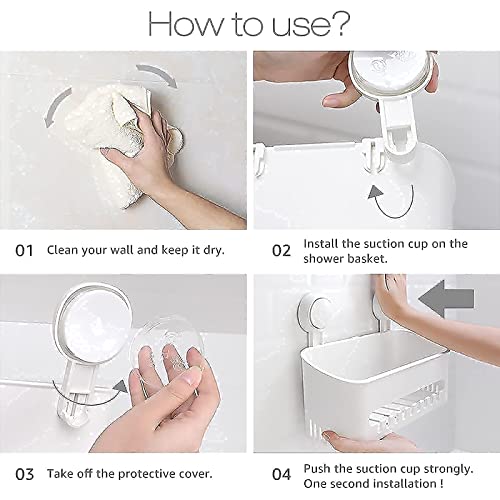 Shower Caddy Suction Cup Set Shower Shelf Shower Basket Shower Caddy with 4 Hooks One Second Installation NO-Drilling Removable Suction Shower Organizer Powerful Waterproof Bathroom Caddy Organizer