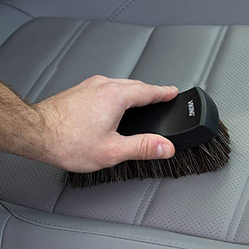 VIKING Leather and Upholstery Cleaning Brush with Natural Boars Hair and Synthetic Fibers for Car Interior, Home, Couch, Stain Remover, Black