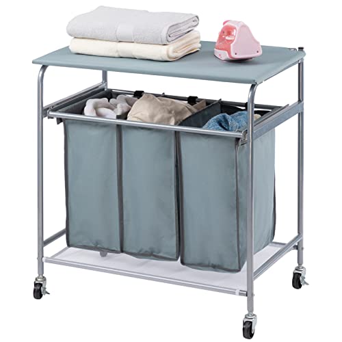 ALIMORDEN Laundry Sorter with Ironing Board Rolling Laundry Basket with Side pull 3-Bag Heavy-Duty Laundry Room Organizer Clothes Hamper with 4 Wheels and lid Blue Grey