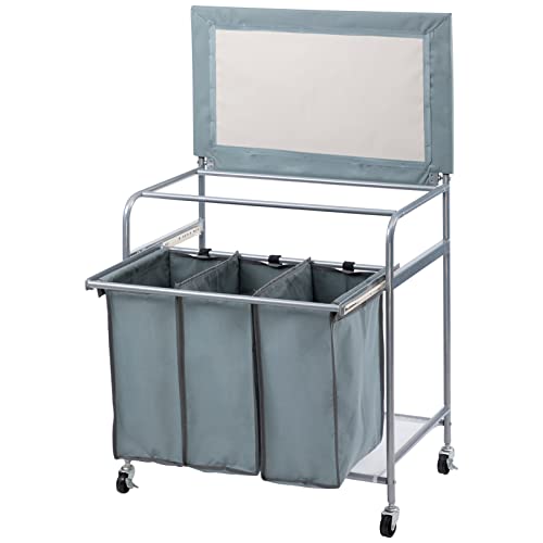 ALIMORDEN Laundry Sorter with Ironing Board Rolling Laundry Basket with Side pull 3-Bag Heavy-Duty Laundry Room Organizer Clothes Hamper with 4 Wheels and lid Blue Grey