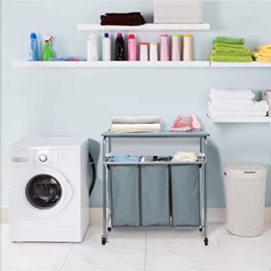 ALIMORDEN Laundry Sorter with Ironing Board Rolling Laundry Basket with Side pull 3-Bag Heavy-Duty Laundry Room Organizer Clothes Hamper with 4 Wheels and lid Blue Grey