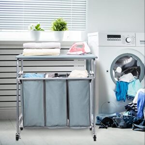 ALIMORDEN Laundry Sorter with Ironing Board Rolling Laundry Basket with Side pull 3-Bag Heavy-Duty Laundry Room Organizer Clothes Hamper with 4 Wheels and lid Blue Grey