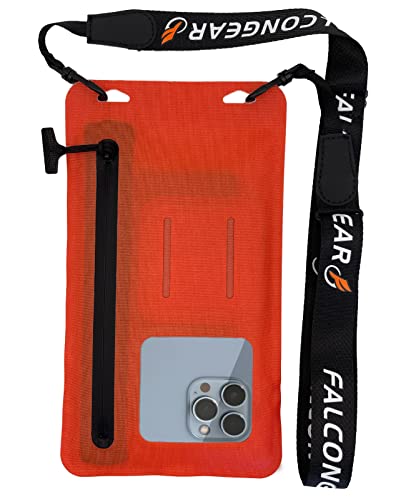 FalconGear Floating Waterproof Phone Pouch Universal Waterproof Phone Case with Zipper & Adjustable Lanyard Cellphone Dry Bag for iPhone 13/12/11 Pro Max XR Galaxy S22/21/20 Ultra (Orange-Red)