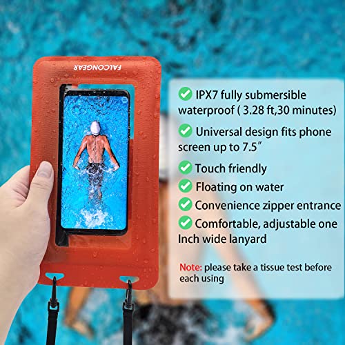 FalconGear Floating Waterproof Phone Pouch Universal Waterproof Phone Case with Zipper & Adjustable Lanyard Cellphone Dry Bag for iPhone 13/12/11 Pro Max XR Galaxy S22/21/20 Ultra (Orange-Red)